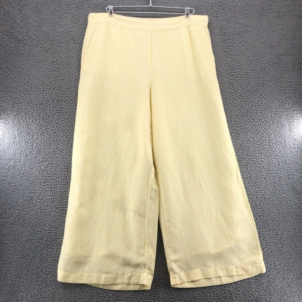 Loft Pants Womens XL Pastel Yellow Stripe Linen Crop Ankle Elastic Back Wide Leg